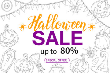Halloween Sale poster with hand drawn pumpkin Jack, witch hat, broom, sweets, candy roots, coffin, pot with potion/ Up to 50%, 80%, 90% Special offer