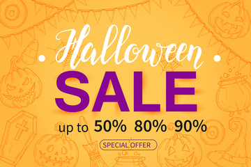 Halloween Sale poster with hand drawn pumpkin Jack, witch hat, broom, sweets, candy roots, coffin, pot with potion/ Up to 50%, 80%, 90% Special offer