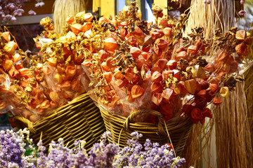 Basket of dried flowers in a flower shop.