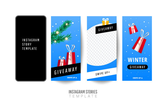 Trendy giveaway template for social networks stories with gift boxes, christmas trees