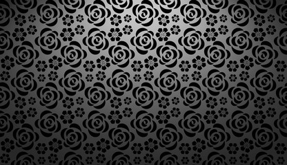 Flower geometric pattern with roses. Seamless vector background. Black ornament