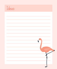 Ideas list  template for printing, page for diary, organiser, notebook. Vector illustration with flamingo.