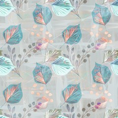 Seamless floral pattern with leaves and twigs in blue on a white background.