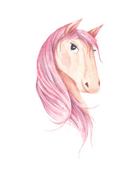 Obraz na płótnie Canvas Horse head with pink colored hairstyle. Hand drawn animal art. Isolated on white background. Watercolor illustration.