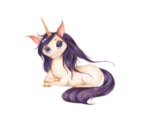 Beautiful sitting unicorn with purple colored hairstyle. Isolated on white background. Hand drawn fantasy art. Cute fantasy animal. Watercolor illustration.