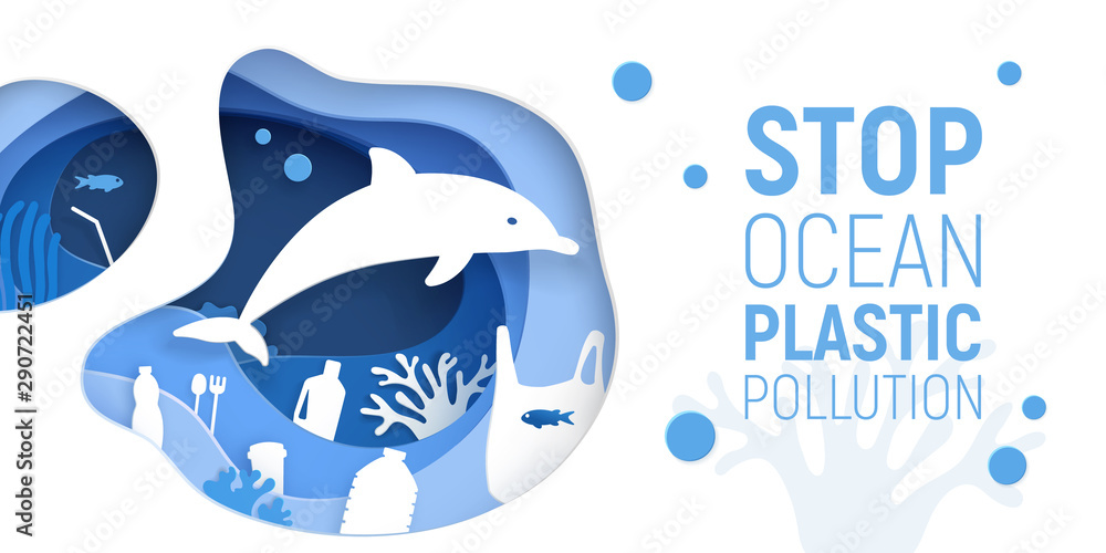 Wall mural Ocean Plastic Pollution. Paper cut underwater background with plastic rubbish, dolphin and coral reefs. Save the ocean concept. Eco problem poster. Paper art vector illustration