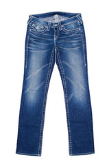 Blue jeans with scuffs on an isolated white background