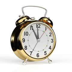 Gold alarm clock isolated on white background. 3D rendering