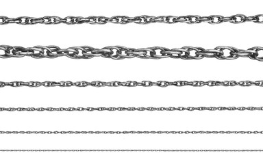 A set of chrome chains of different sizes on an isolated white background