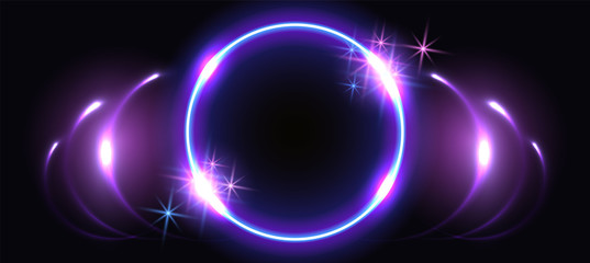 Fantastic background with neon round frame, sparkle stars and space portal into another dimension