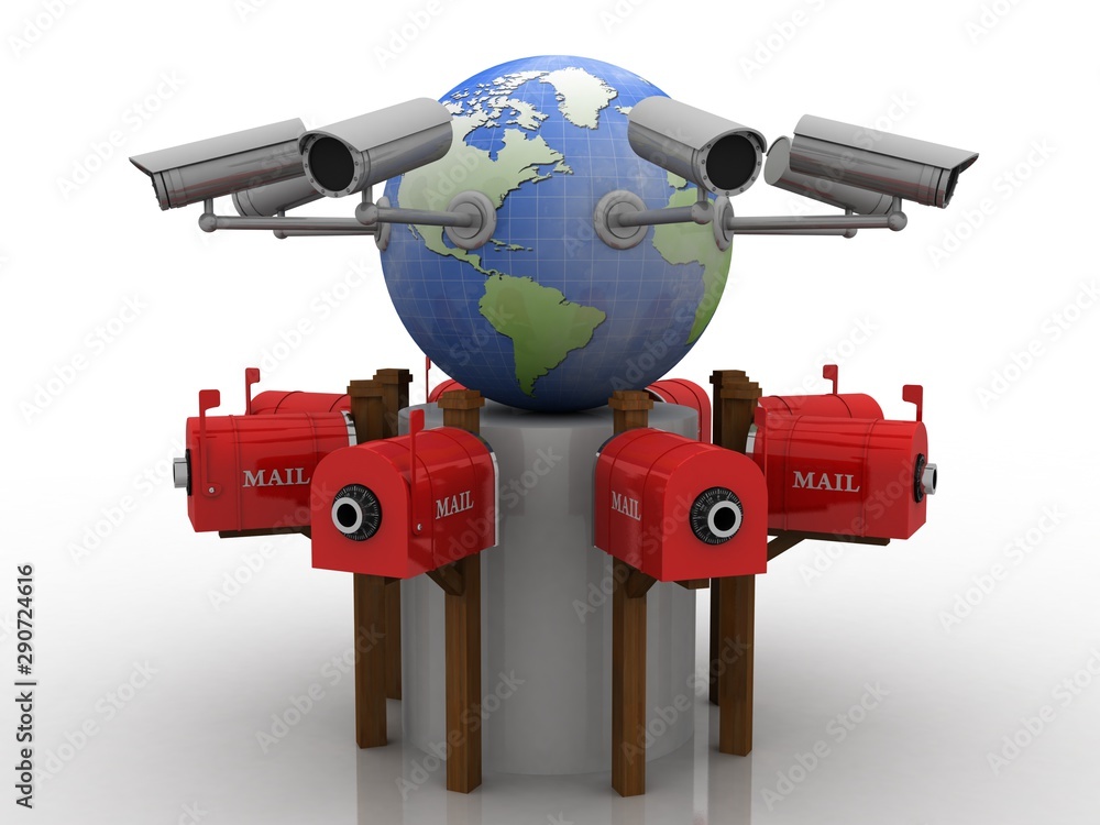 Poster 3d rendering surveillance cctv security camera connected globe around mail box