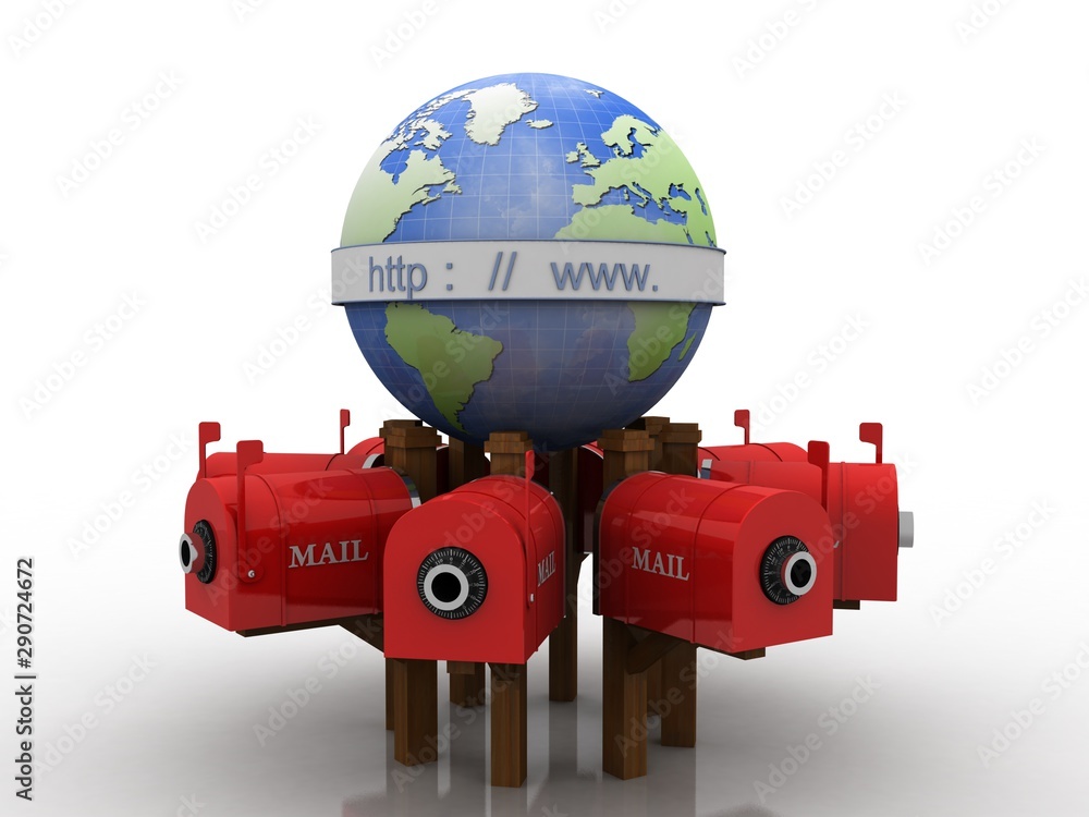 Aufkleber 3d illustration network community concept . globe with http sign around mail box