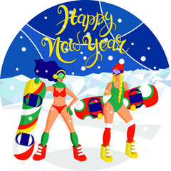 Vector template, blank of New Year's card, flyer, poster or banner with two girl-snowboarders in swimsuits with snowboards in their hands. Handwritten lettering Happy New Year. New Year at ski resort