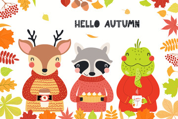 Naklejka premium Hand drawn vector illustration of cute deer, iguana, raccoon, with leaves frame, quote Hello Autumn. Isolated objects on white background. Scandinavian style flat design. Concept for children print.