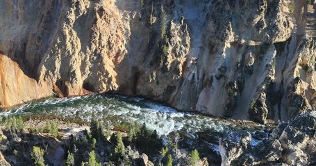 Yellowstone National Park Grand Canyon river overhead. Geothermal ecosystem environment. Caldera super volcano. Biology geography and ecology. Millions of tourist and visitors.