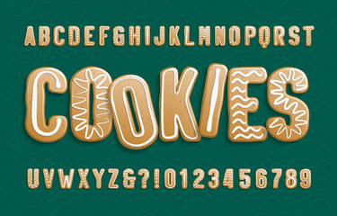 Christmas Gingerbread Cookies alphabet font. Cartoon letters and numbers with icing sugar covering. Holiday vector illustration for your design.