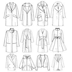 white background, sketch with a line coat, set