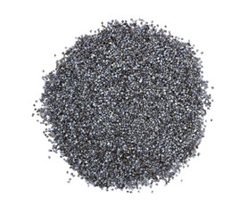 Heap of dry poppy seeds isolated on white