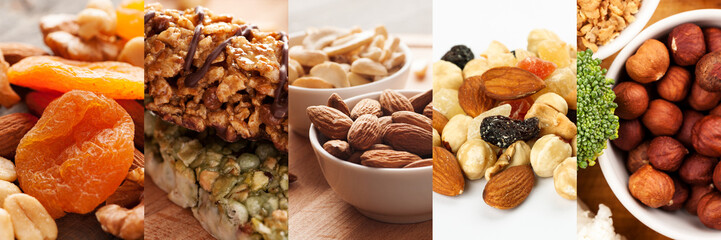 Collage of different healthy food close-up