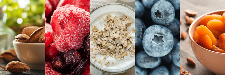 Collage of different berries, nuts and dried fruits - Powered by Adobe