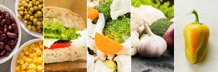 Collage of different healthy food close-up