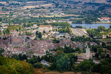 Fototapeta na wymiar View of the Roman city of Autun and the cathedral of Saint Lazarus from the top of Saint-Sébastien mountain, Autun, Burgundy, France on 5 September 2019