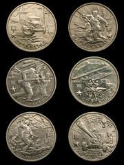 Collage made of high quality images of commemorative coins with images of military scenes and names of Russian cities