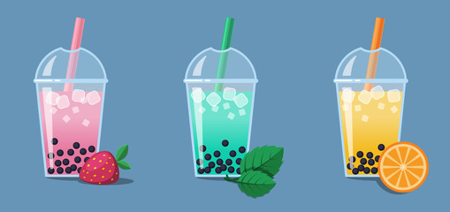 Bubble Milk Tea with berry and tapioca pearls (bobas) vector