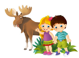 cartoon scene with nature elements kids and animal - illustration for children