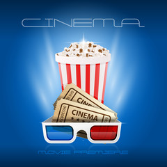 Popcorn box, cinema tickets and 3d glasses - movie premiere, first opening night