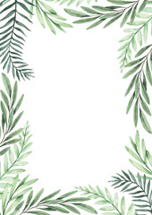 Naklejka na ściany i meble Christmas frame with eucalyptus, fir branch and mistletoe - Watercolor illustration. Happy new year. Winter background with greenery design elements. Perfect for cards, invitations, banners, posters 