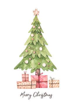 Christmas illustration with christmas tree and gift boxes  - Watercolor illustration. Happy new year. Winter design elements. Perfect for cards, invitations, banners, posters