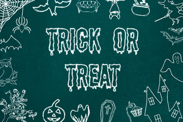 Trick or Treat chalkboard background. Halloween symbols