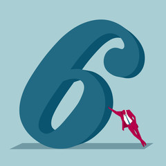 Businessman supports digital symbols. Isolated on blue background.