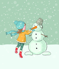 a cute little girl in yellow coat and blue hat and scarf building a snowman on a snowy day - hand drawn vector illustration