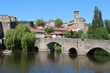 river sevre and medieval bridge in clisson (france) 