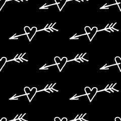 Cute cartoon heart pattern with hand drawn hearts. Sweet vector black and white heart pattern. Seamless monochrome doodle heart pattern for textile, wallpapers, wrapping paper, cards and web.