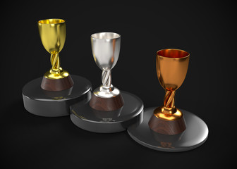 Gold Silver & Bronze Trophy Champions Winner 3D Render