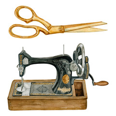 Watercolor vintage illustration of sewing studio equipment