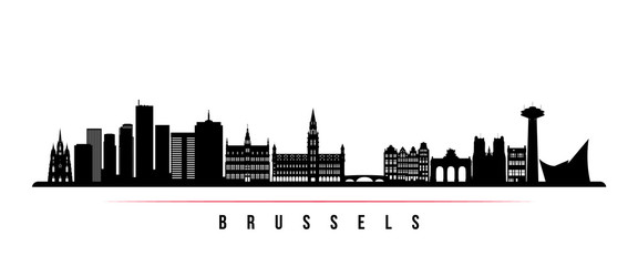 Naklejka premium Brussels skyline horizontal banner. Black and white silhouette of Brussels, Belgium. Vector template for your design.