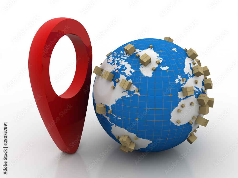 Poster 3d rendering red map pointer in card box