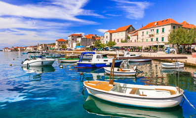 Travel in Croatia. Traditional coastal village Kastela, Kastel Novi with charming harbor - obrazy, fototapety, plakaty