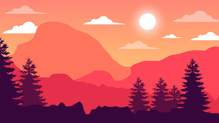 sunset view, landscape background, moutains landscape illustration,  sky, birds, tree