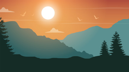 sunset view, landscape background, moutains landscape illustration,  sky, birds, tree