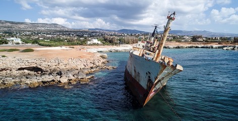 A ship aground near the blue beaches of Cyprus