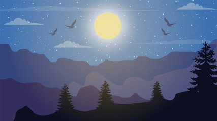 landscape night view background, moon, mountains, sky, stars, night view illustration