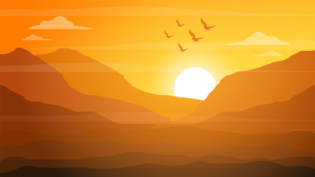 sunset view, landscape background, moutains landscape illustration,  sky, birds, tree