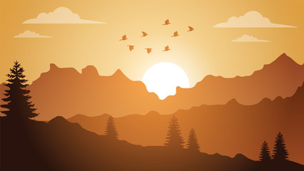 sunset view, landscape background, moutains landscape illustration,  sky, birds, tree