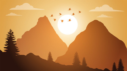 sunset view, landscape background, moutains landscape illustration,  sky, birds, tree