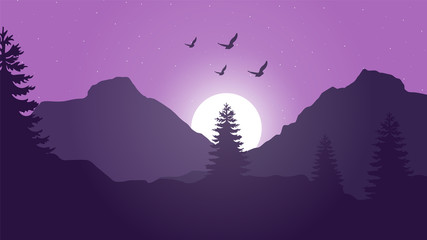 night view, landscape night, sky, mountains, moon, landscape night view illustration